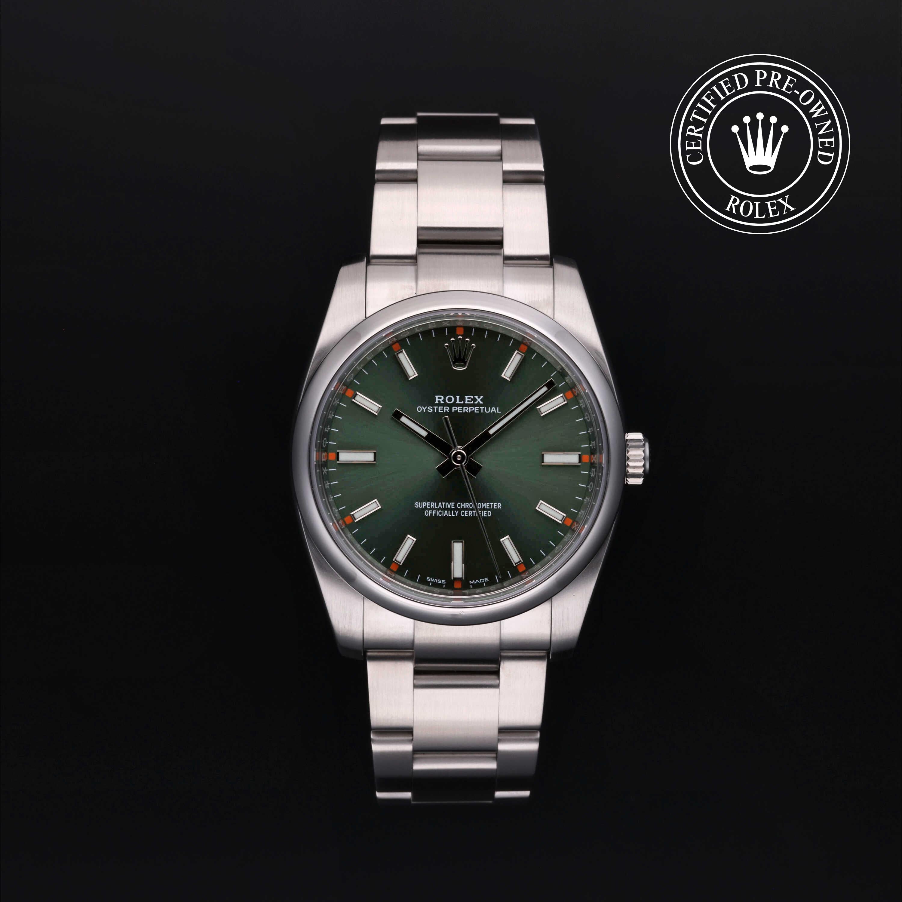 Rolex Certified Pre-Owned Oyster Perpetual in Oyster, 34 mm, Stainless Steel 114200 watch available at Long's Jewelers.
