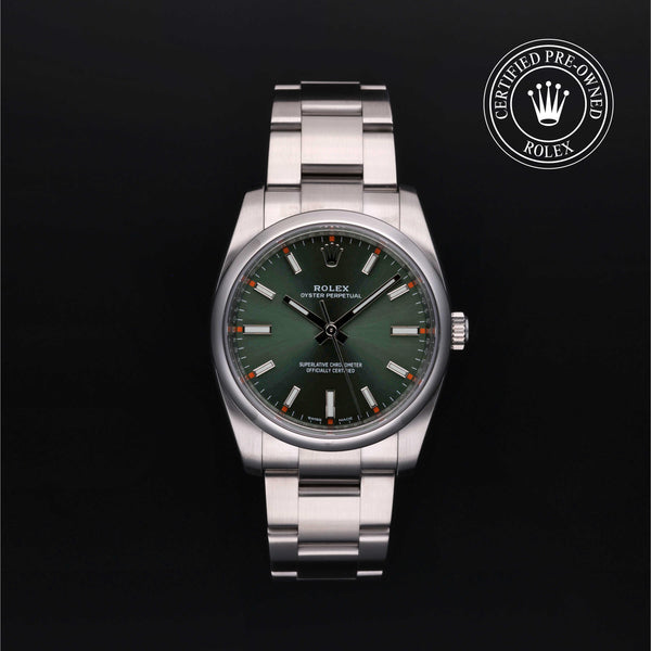 Rolex Certified Pre-Owned Oyster Perpetual in Oyster, 34 mm, Stainless Steel 114200 watch available at Long's Jewelers.