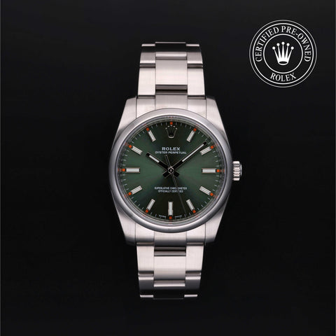 Rolex Certified Pre-Owned Oyster Perpetual in Oyster, 34 mm, Stainless Steel 114200 watch available at Long's Jewelers.
