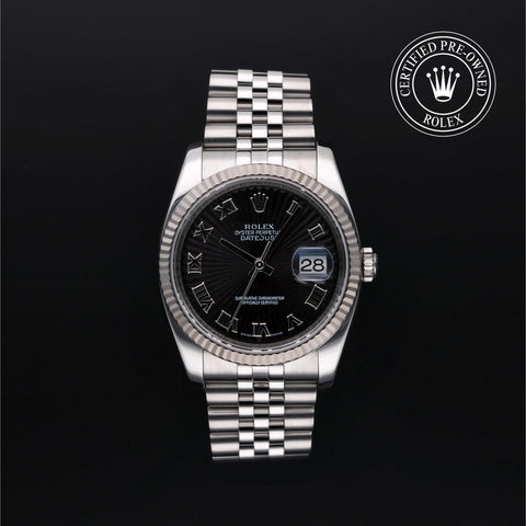 Rolex Certified Pre-Owned Datejust in Jubilee, 36 mm, Stainless Steel and white gold 116234 watch available at Long's Jewelers.