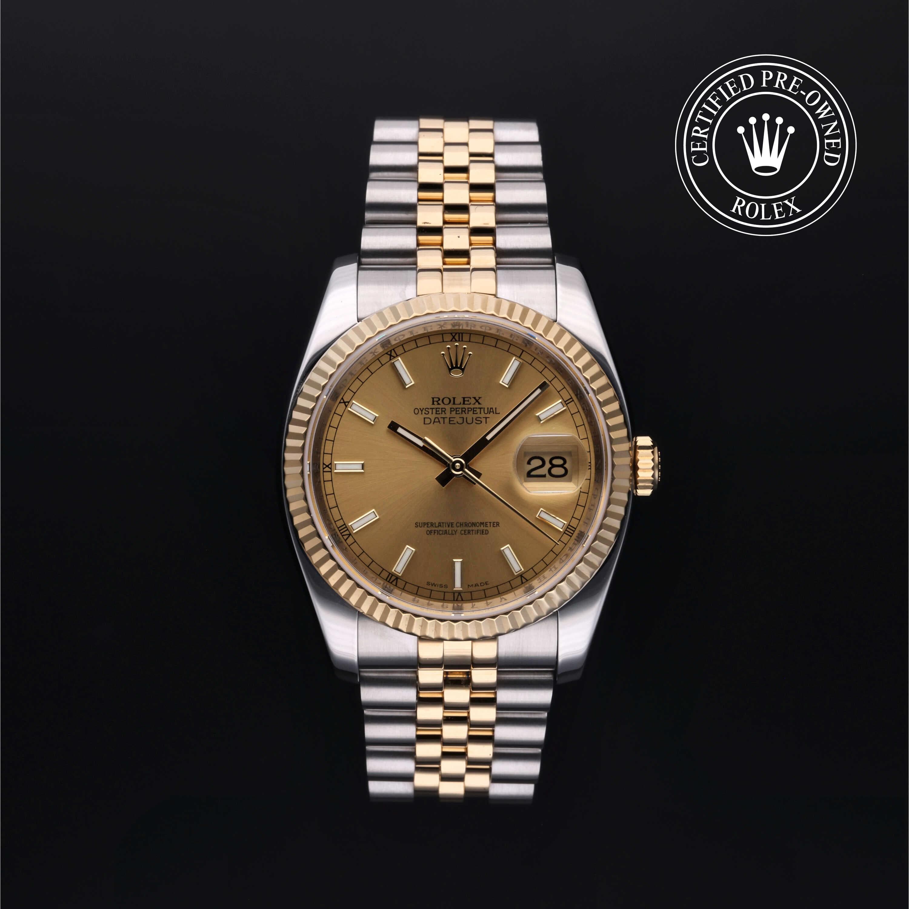 Rolex Certified Pre-Owned Datejust in Jubilee, 36 mm, Stainless Steel and yellow gold 116233 watch available at Long's Jewelers.