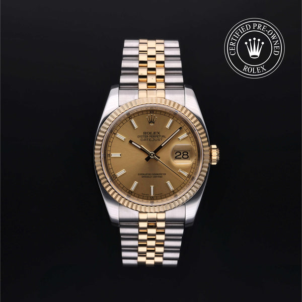 Rolex Certified Pre-Owned Datejust in Jubilee, 36 mm, Stainless Steel and yellow gold 116233 watch available at Long's Jewelers.