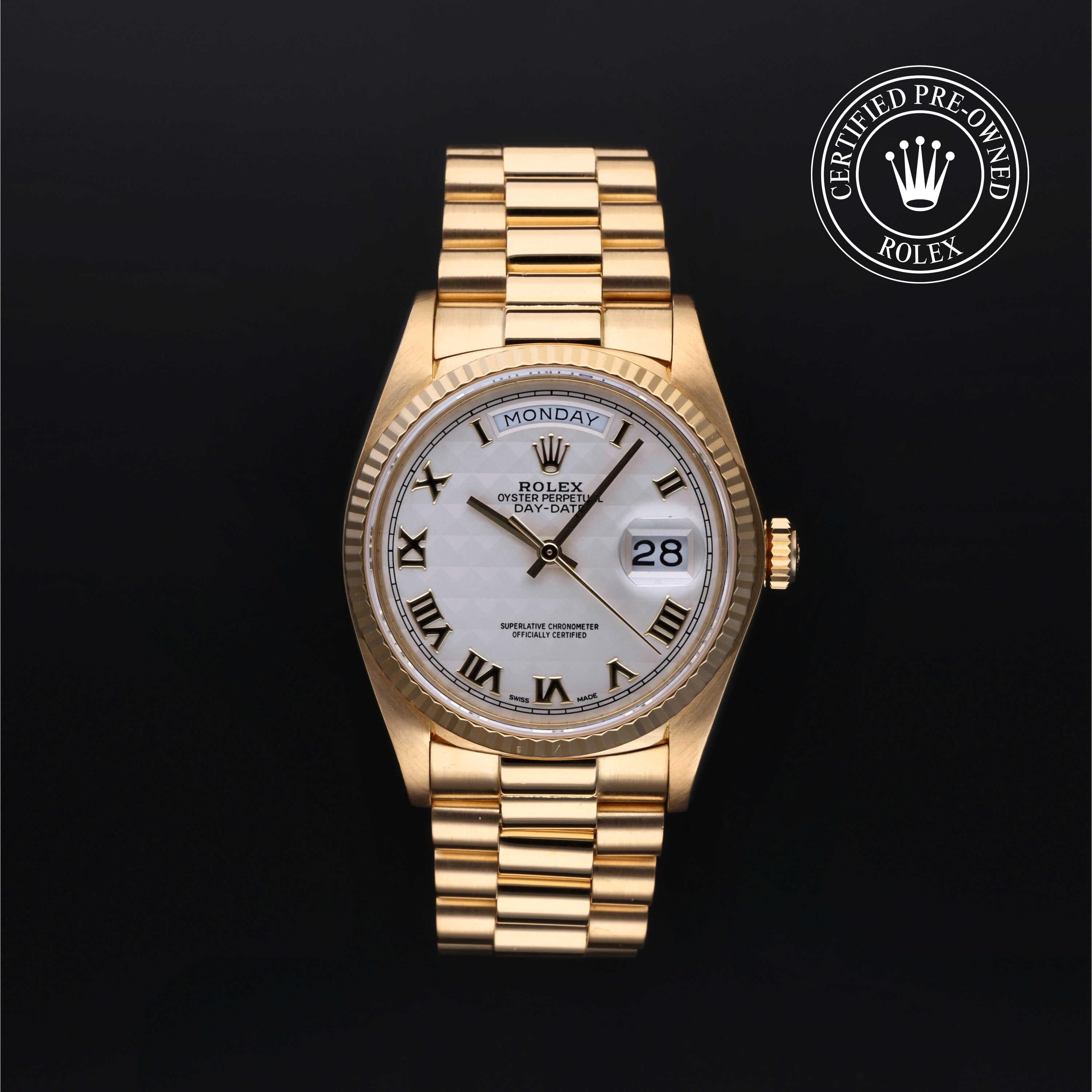 Rolex Certified Pre-Owned Day-Date in President, 36 mm, 18k yellow gold 18038 watch available at Long's Jewelers.