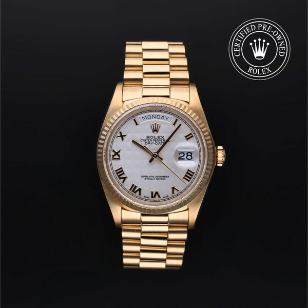 Rolex Certified Pre-Owned Day-Date in President, 36 mm, 18k yellow gold 18038 watch available at Long's Jewelers.