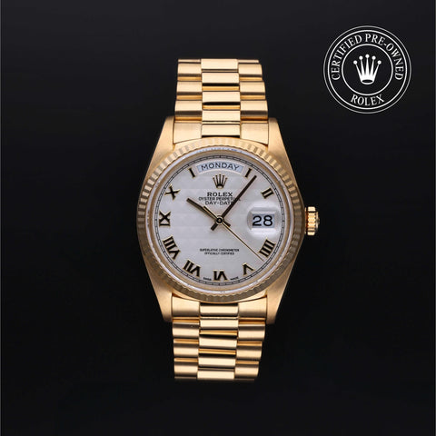 Rolex Certified Pre-Owned Day-Date in President, 36 mm, 18k yellow gold 18038 watch available at Long's Jewelers.