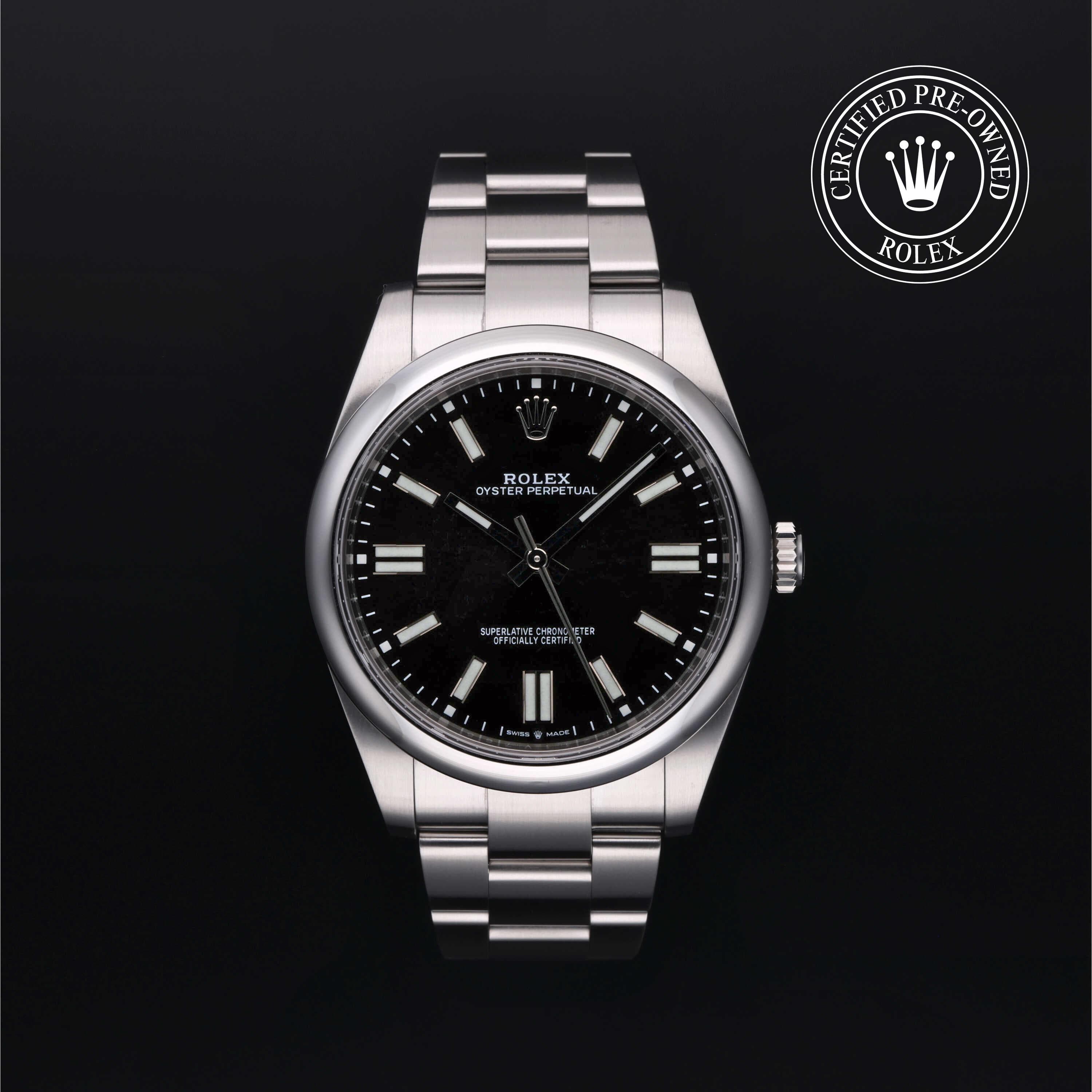 Rolex Certified Pre-Owned Oyster Perpetual in Oyster, 41 mm, Stainless Steel 124300 watch available at Long's Jewelers.