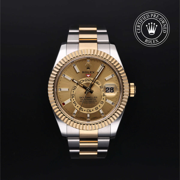 Rolex Certified Pre-Owned Sky-Dweller in Oyster, 42 mm, Stainless Steel and yellow gold 326933 watch available at Long's Jewelers.