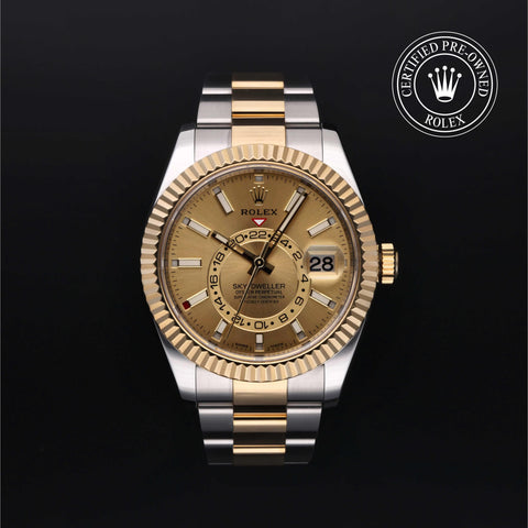 Rolex Certified Pre-Owned Sky-Dweller in Oyster, 42 mm, Stainless Steel and yellow gold 326933 watch available at Long's Jewelers.