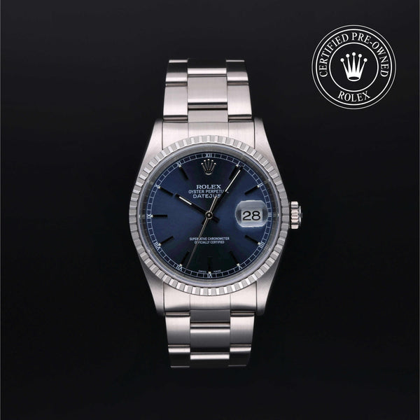 Rolex Certified Pre-Owned Datejust in Oyster, 36 mm, Stainless Steel 16220 watch available at Long's Jewelers.
