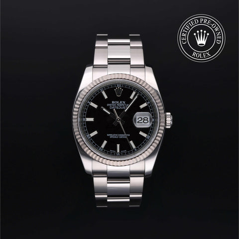 Rolex Certified Pre-Owned Datejust in Oyster, 36 mm, Stainless Steel and white gold 116234 watch available at Long's Jewelers.
