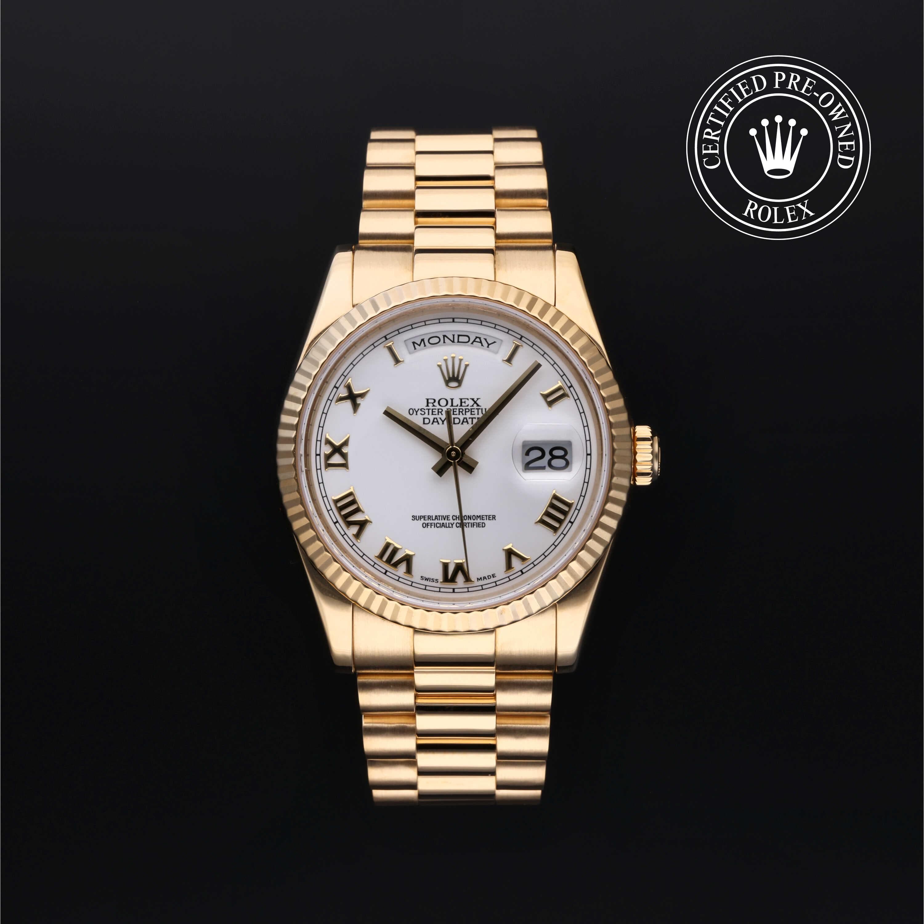 Rolex Certified Pre-Owned Day-Date in President, 36 mm, 18k yellow gold 118238 watch available at Long's Jewelers.