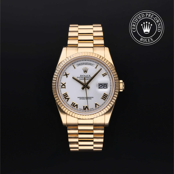 Rolex Certified Pre-Owned Day-Date in President, 36 mm, 18k yellow gold 118238 watch available at Long's Jewelers.