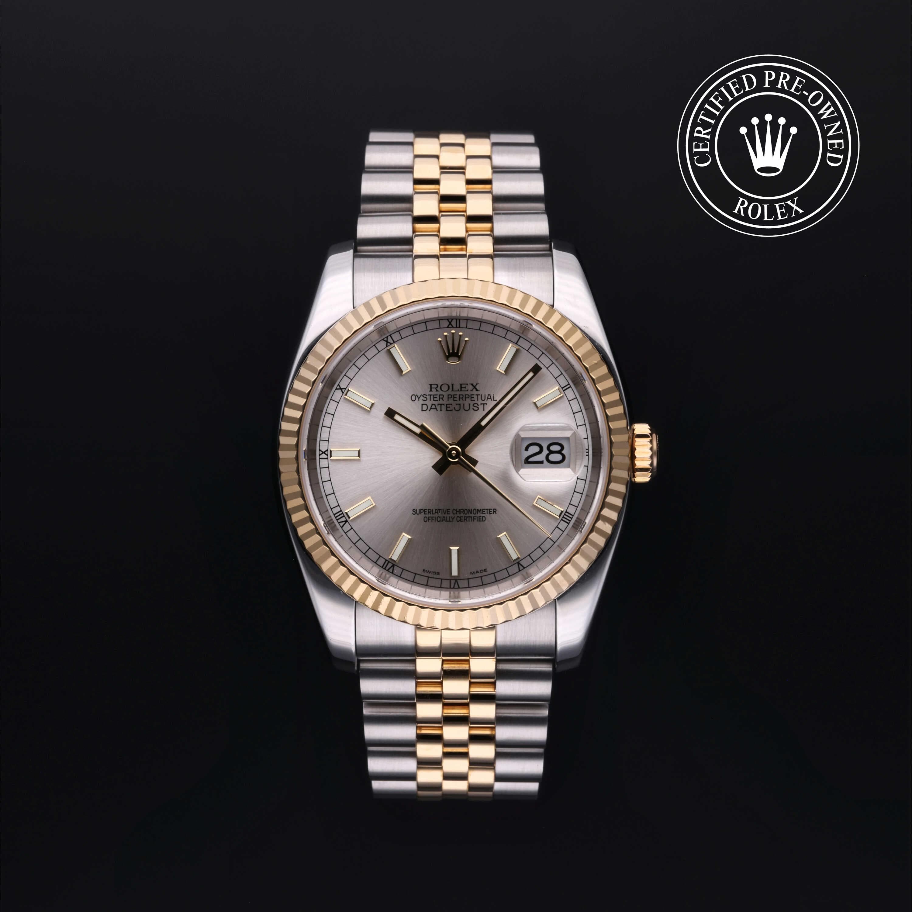 Rolex Certified Pre-Owned Datejust in Jubilee, 36 mm, Stainless Steel and yellow gold 116233 watch available at Long's Jewelers.