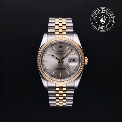 Rolex Certified Pre-Owned Datejust in Jubilee, 36 mm, Stainless Steel and yellow gold 116233 watch available at Long's Jewelers.