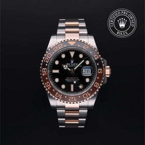 Rolex Certified Pre-Owned GMT Master II in Oyster, 40 mm, Stainless Steel and rose gold 126711CHNR watch available at Long's Jewelers.