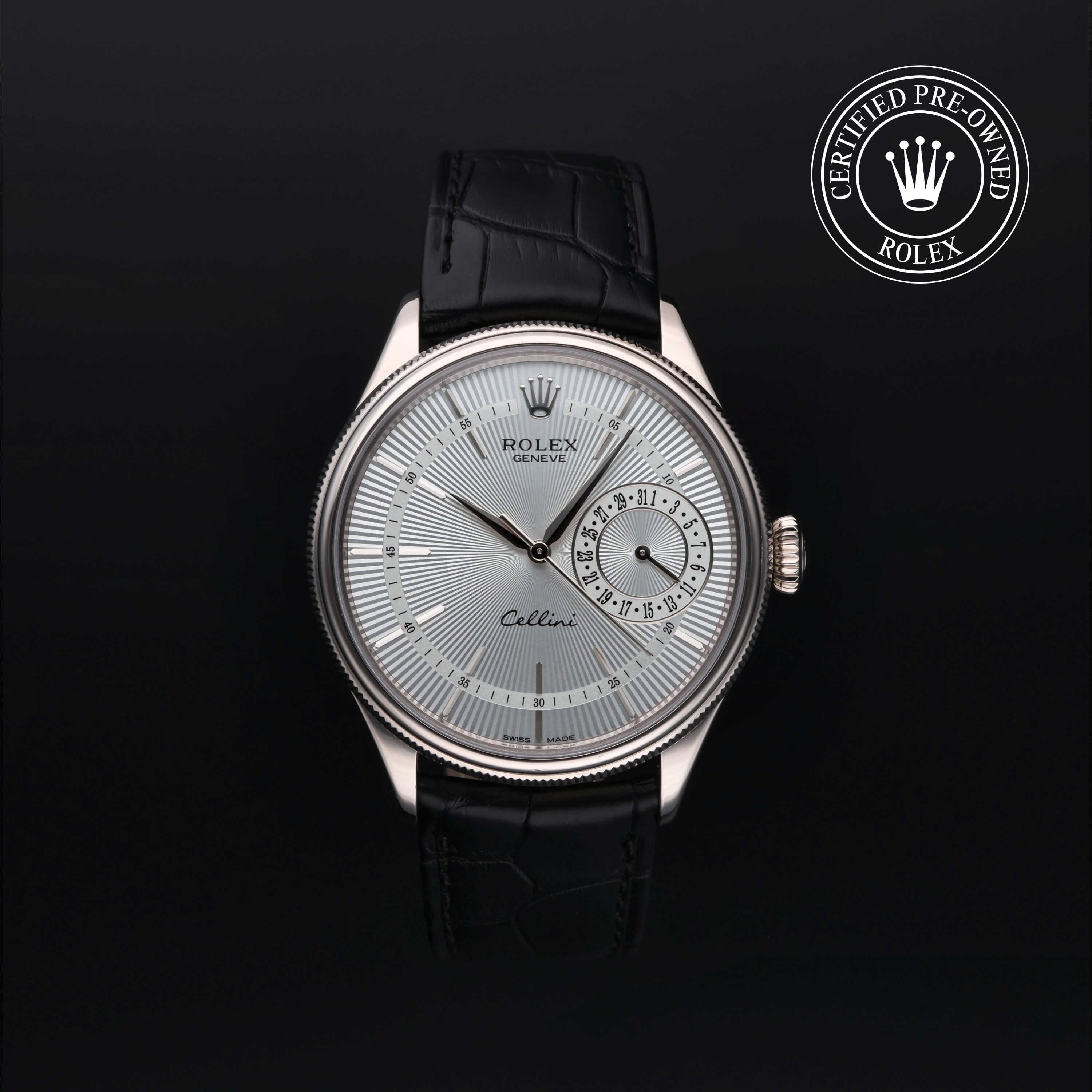 Rolex Certified Pre-Owned Cellini Date in Leather, 39 mm, 18k white gold 50519 watch available at Long's Jewelers.