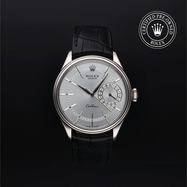 Rolex Certified Pre-Owned Cellini Date in Leather, 39 mm, 18k white gold 50519 watch available at Long's Jewelers.