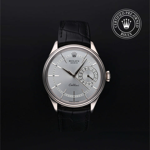 Rolex Certified Pre-Owned Cellini Date in Leather, 39 mm, 18k white gold 50519 watch available at Long's Jewelers.