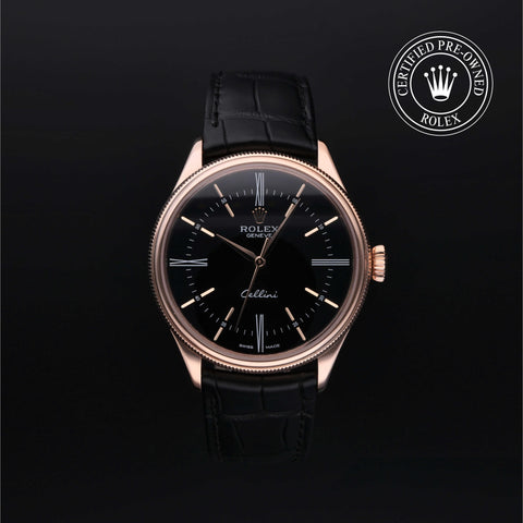 Rolex Certified Pre-Owned Cellini Time in Leather, 39 mm, 18k rose gold 50505 watch available at Long's Jewelers.
