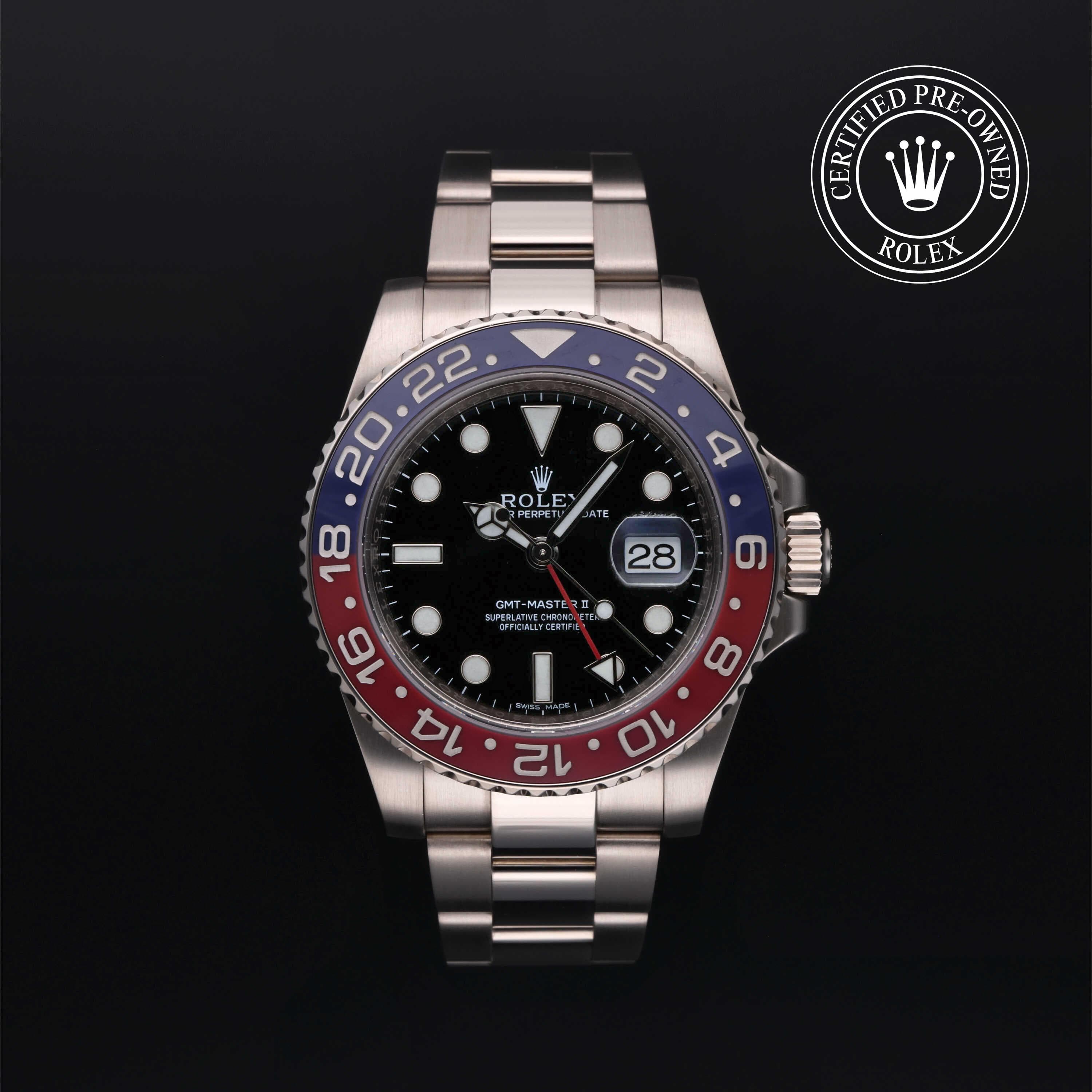 Rolex Certified Pre-Owned GMT Master II in Oyster, 40 mm, 18k white gold 116719BLRO watch available at Long's Jewelers.