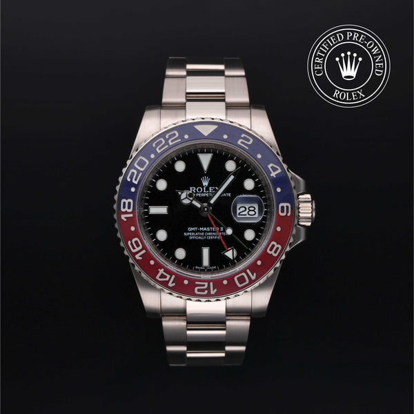 Rolex Certified Pre-Owned GMT Master II in Oyster, 40 mm, 18k white gold 116719BLRO watch available at Long's Jewelers.