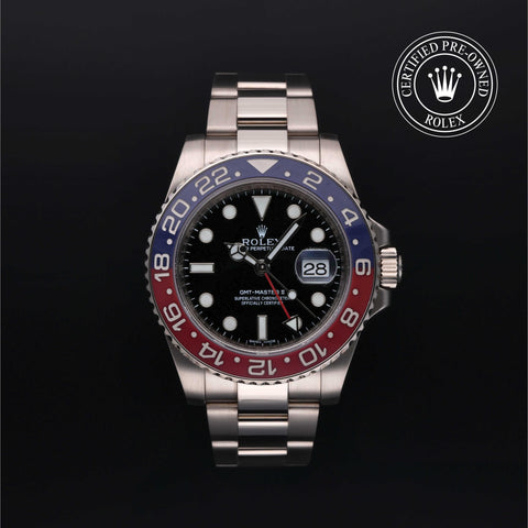 Rolex Certified Pre-Owned GMT Master II in Oyster, 40 mm, 18k white gold 116719BLRO watch available at Long's Jewelers.