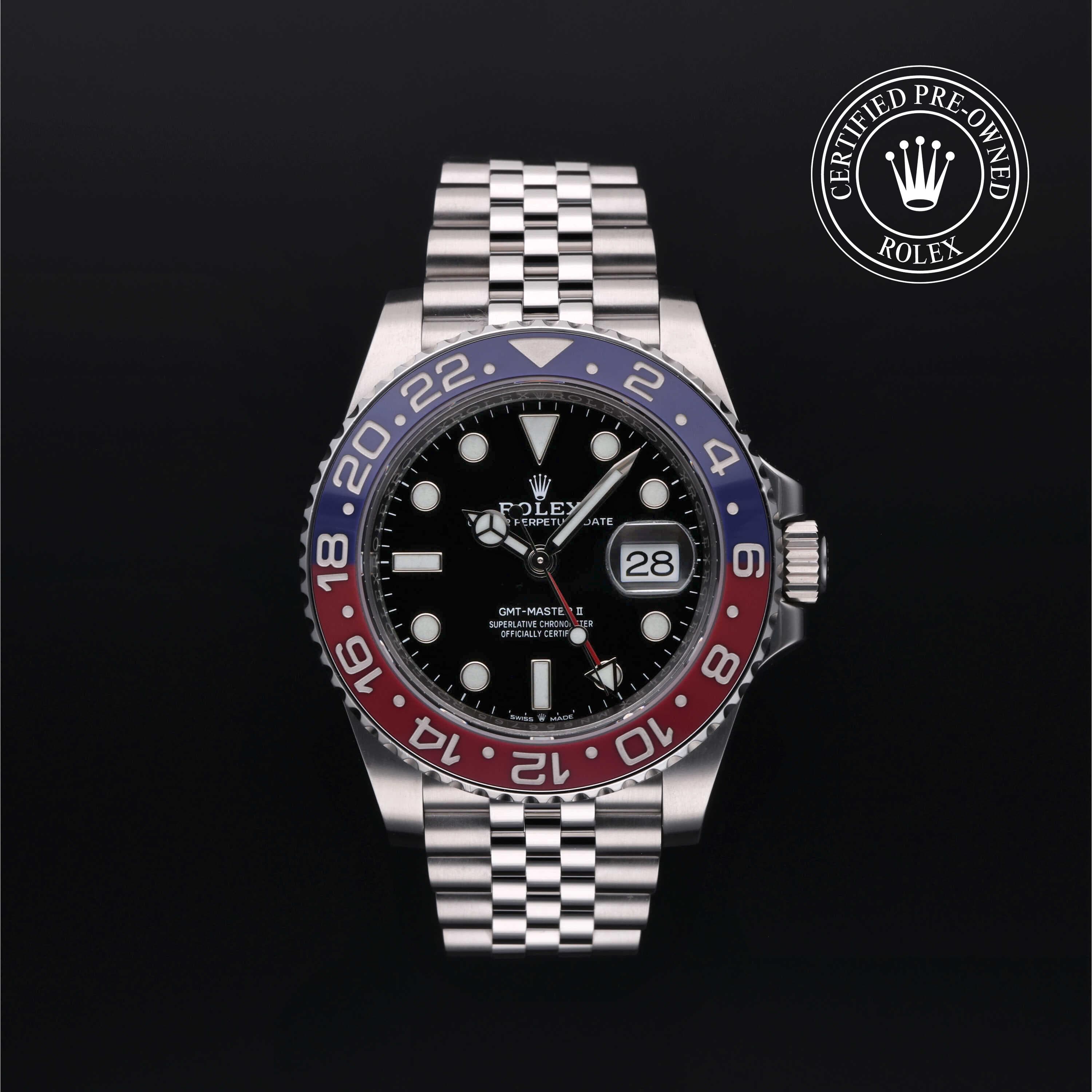 Rolex Certified Pre-Owned GMT Master II in Jubilee, 40 mm, Stainless Steel 126710BLRO watch available at Long's Jewelers.