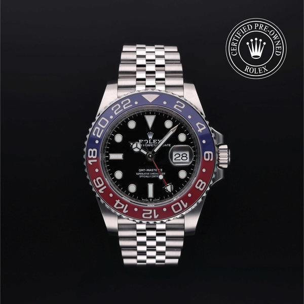 Rolex Certified Pre-Owned GMT Master II in Jubilee, 40 mm, Stainless Steel 126710BLRO watch available at Long's Jewelers.