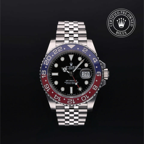 Rolex Certified Pre-Owned GMT Master II in Jubilee, 40 mm, Stainless Steel 126710BLRO watch available at Long's Jewelers.
