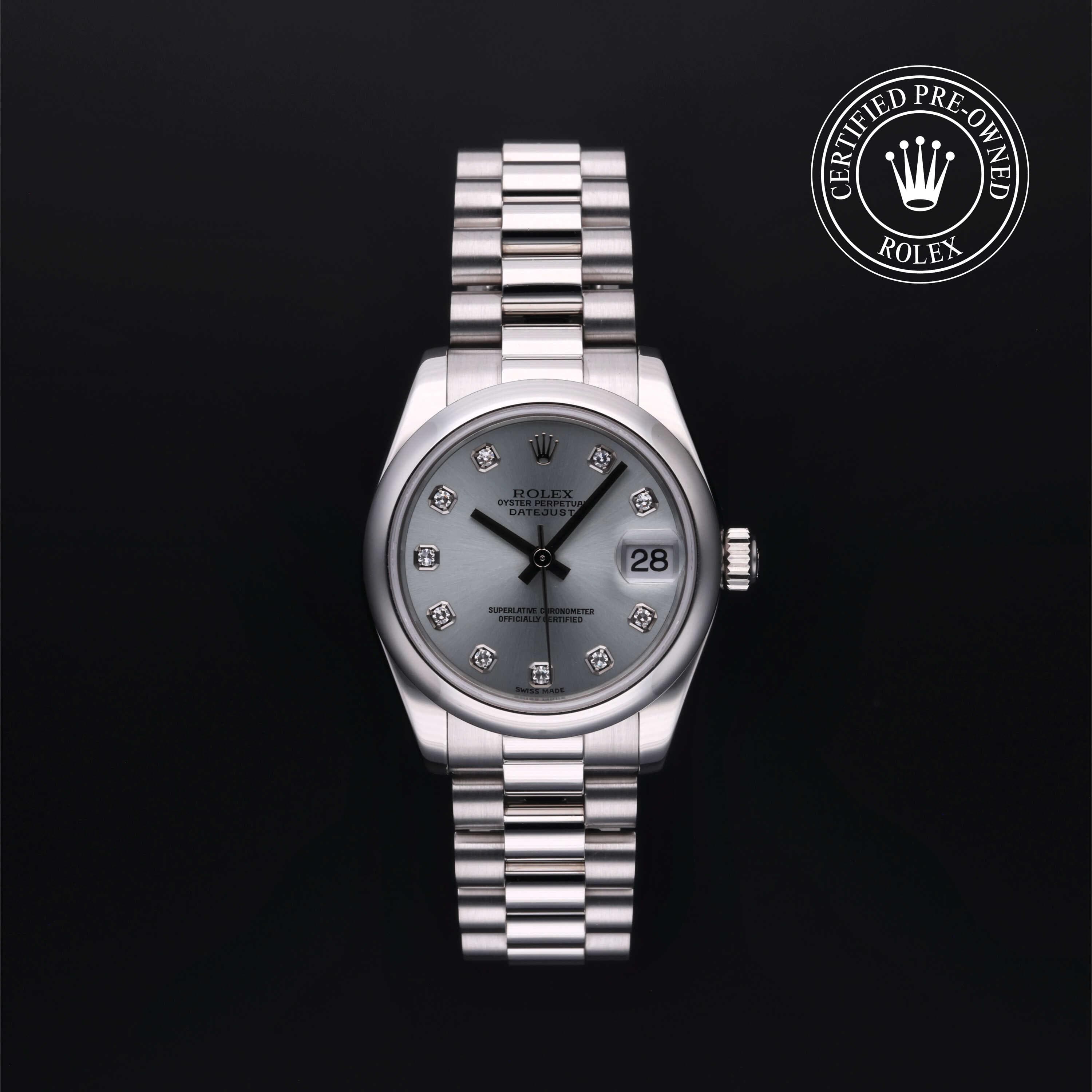 Rolex Certified Pre-Owned Oyster Perpetual in President, 31 mm, Platinum 178246 watch available at Long's Jewelers.