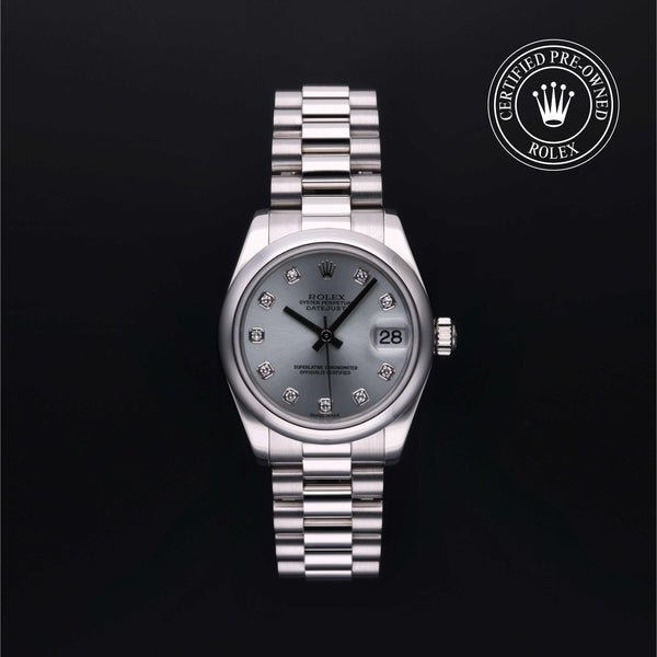 Rolex Certified Pre-Owned Oyster Perpetual in President, 31 mm, Platinum 178246 watch available at Long's Jewelers.