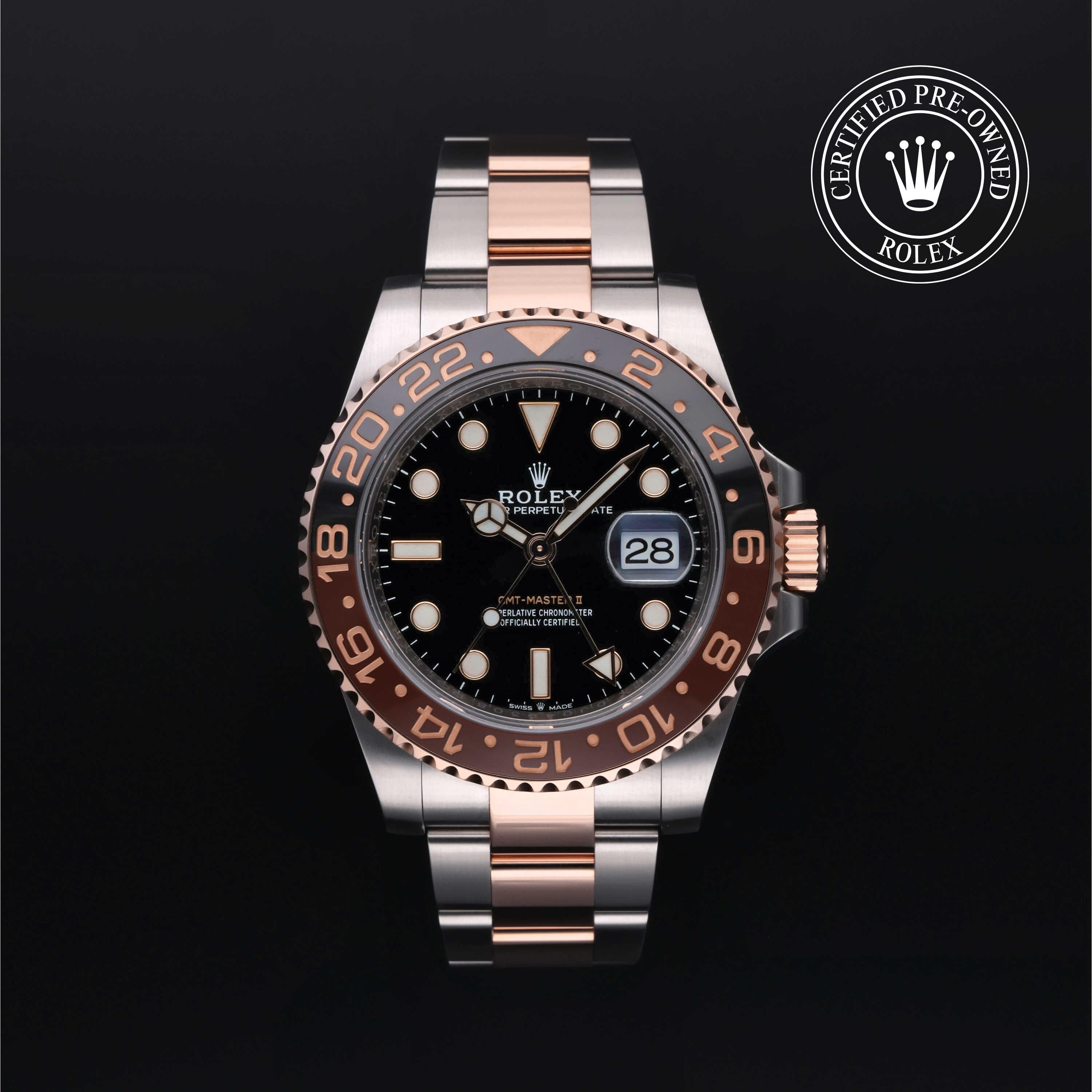 Rolex Certified Pre-Owned GMT Master II in Oyster, 40 mm, Stainless Steel and rose gold 126711CHNR watch available at Long's Jewelers.