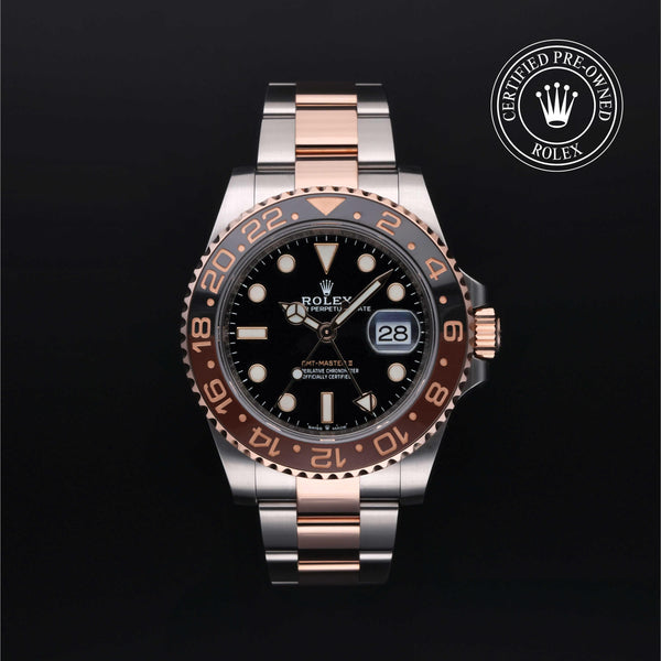 Rolex Certified Pre-Owned GMT Master II in Oyster, 40 mm, Stainless Steel and rose gold 126711CHNR watch available at Long's Jewelers.