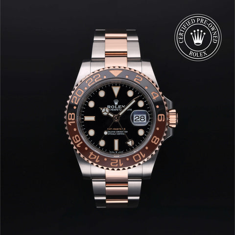 Rolex Certified Pre-Owned GMT Master II in Oyster, 40 mm, Stainless Steel and rose gold 126711CHNR watch available at Long's Jewelers.