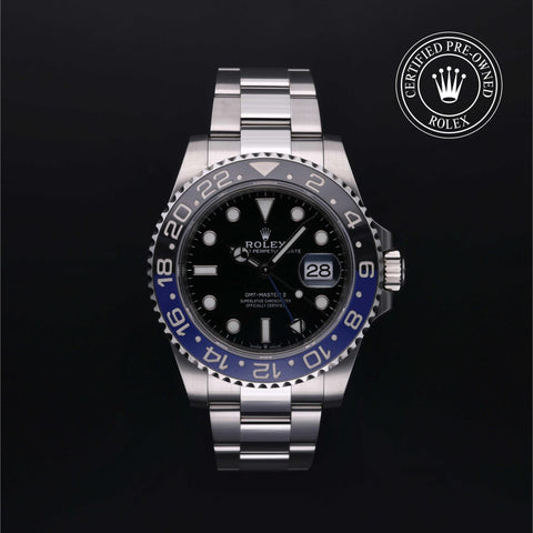 Rolex Certified Pre-Owned GMT Master II in Oyster, 40 mm, Stainless Steel 126710BLNR watch available at Long's Jewelers.