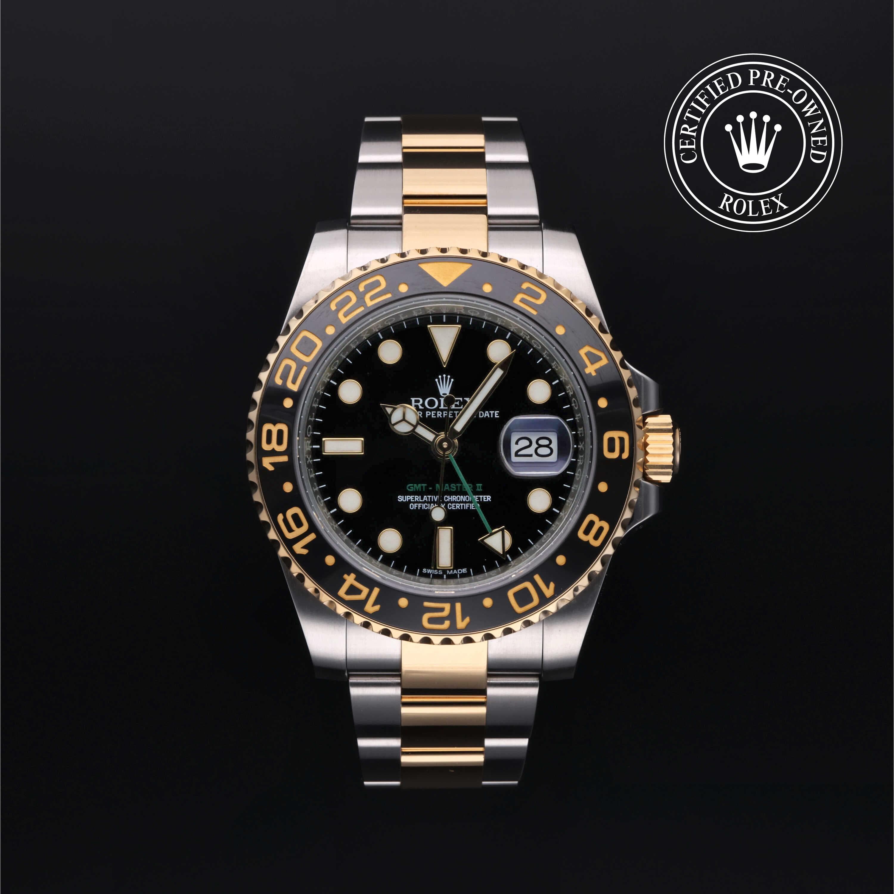 Rolex Certified Pre-Owned GMT Master II in Oyster, 40 mm, Stainless Steel and yellow gold 116713LN watch available at Long's Jewelers.