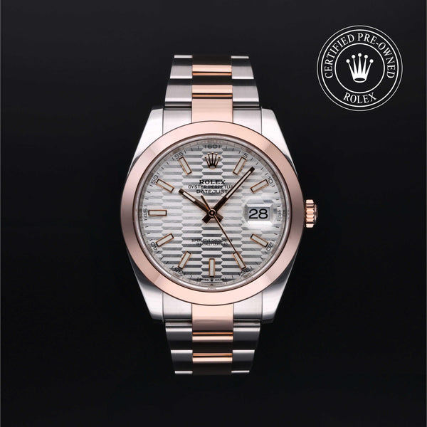 Rolex Certified Pre-Owned Datejust in Oyster, 41 mm, Stainless Steel and rose gold 126301 watch available at Long's Jewelers.