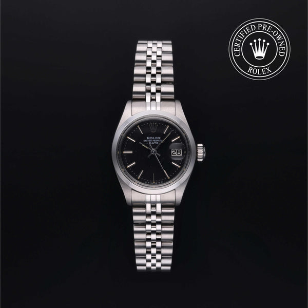 Rolex Certified Pre-Owned Oyster Perpetual Date in Jubilee, 26 mm, Stainless Steel 6916/0 watch available at Long's Jewelers.