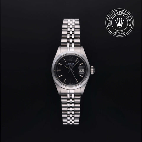 Rolex Certified Pre-Owned Oyster Perpetual Date in Jubilee, 26 mm, Stainless Steel 6916/0 watch available at Long's Jewelers.