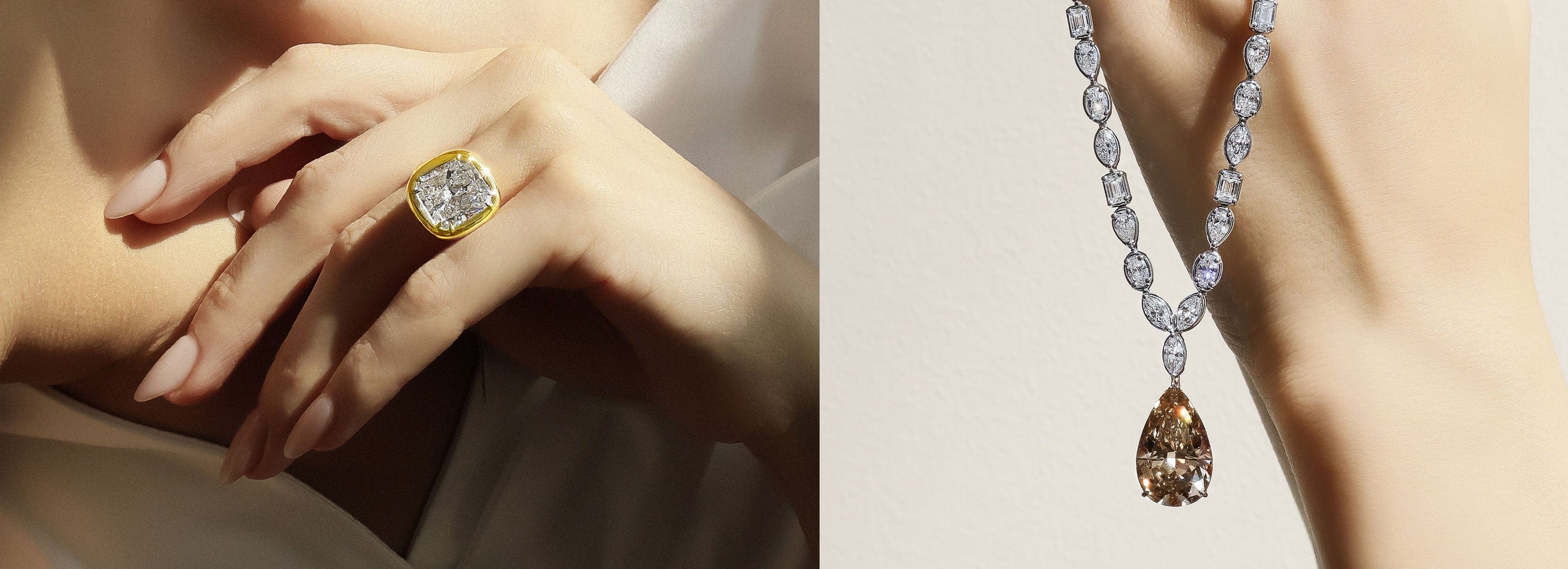 Diamond ring and necklace on a neutral background