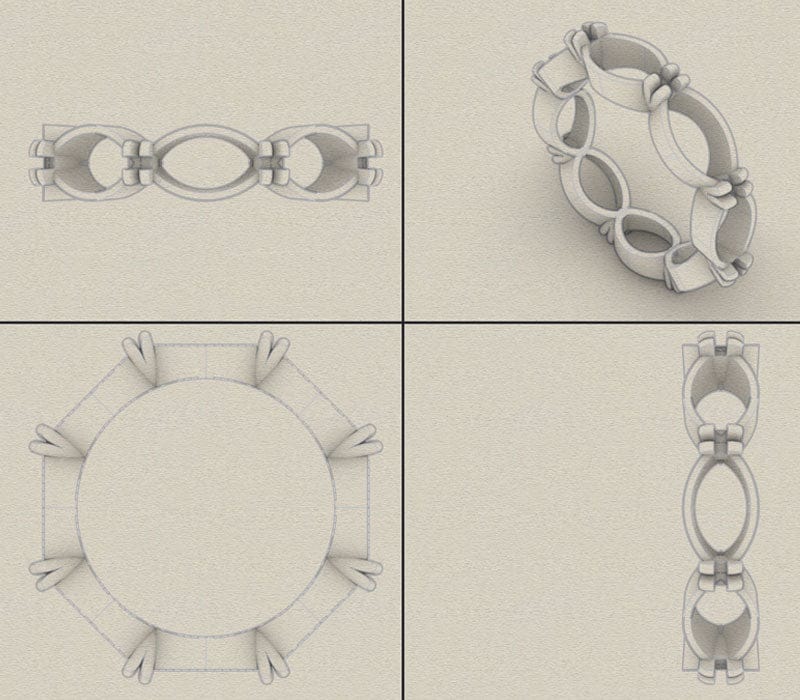 Set of four black and white line drawings of a bracelet design on a beige background.