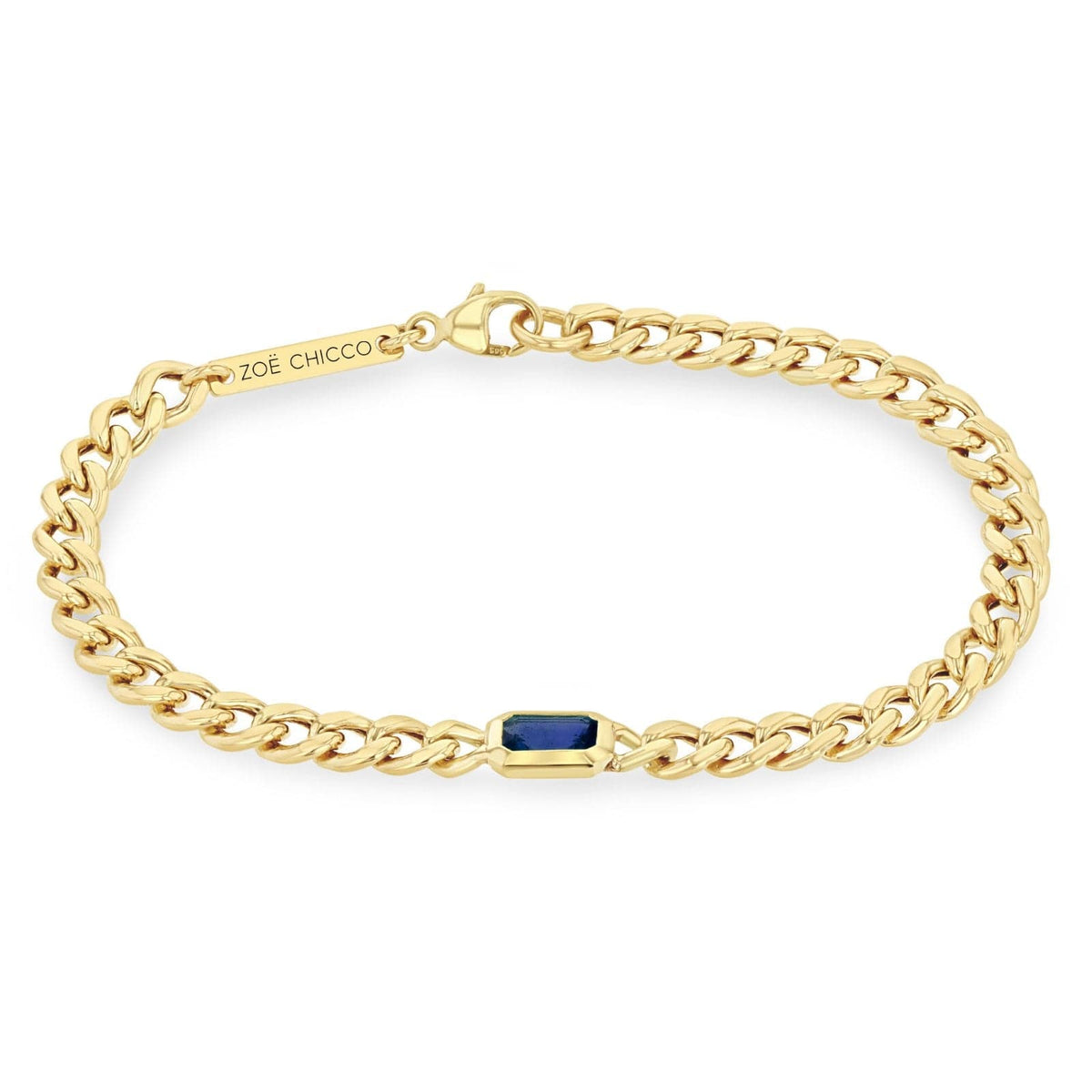 14K Yellow Gold Blue Sapphire Medium Curb Chain Bracelet