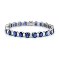 Platinum Emerald Cut Sapphire and Diamond Line Bracelet