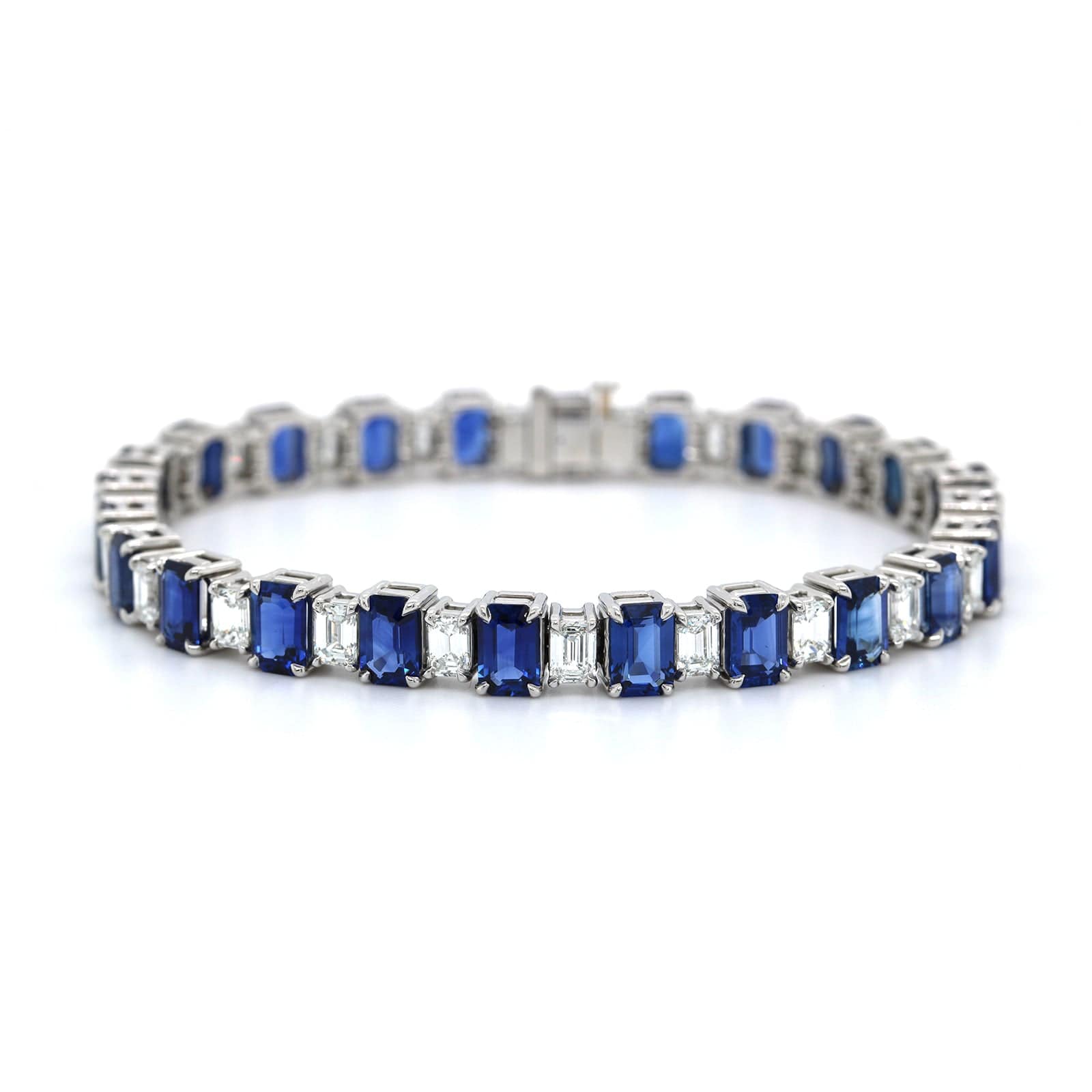 Platinum Emerald Cut Sapphire and Diamond Line Bracelet