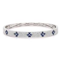 18K White Gold Pave Diamond and Blue Sapphire Clover Station Bangle bracelet