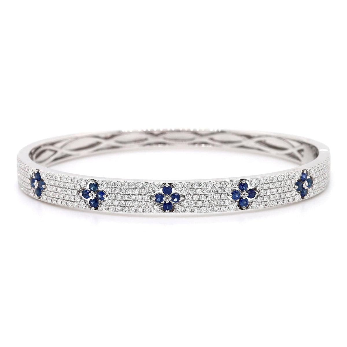 18K White Gold Pave Diamond and Blue Sapphire Clover Station Bangle bracelet
