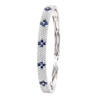 18K White Gold Pave Diamond and Blue Sapphire Clover Station Bangle bracelet