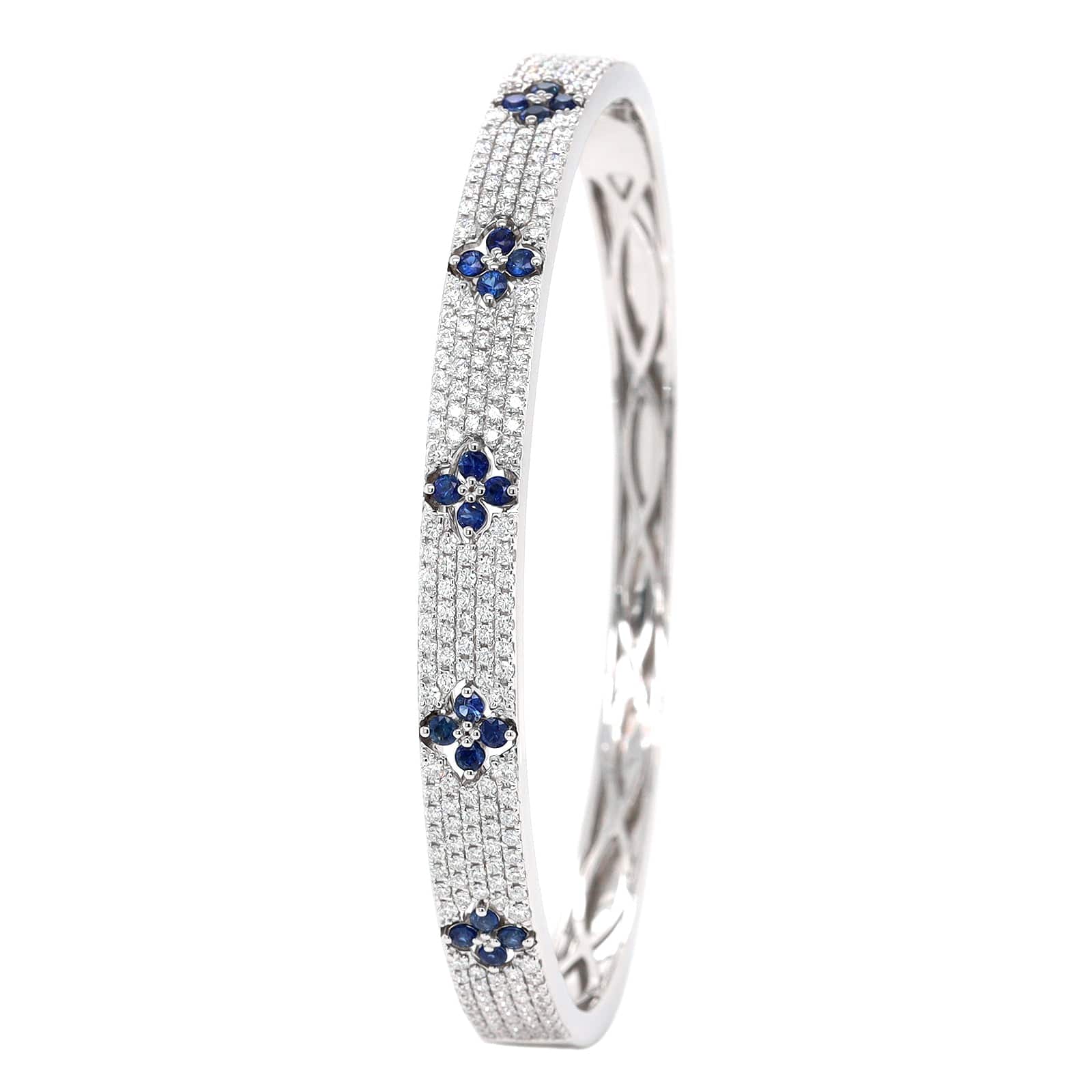 18K White Gold Pave Diamond and Blue Sapphire Clover Station Bangle bracelet