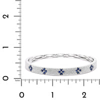 18K White Gold Pave Diamond and Blue Sapphire Clover Station Bangle bracelet
