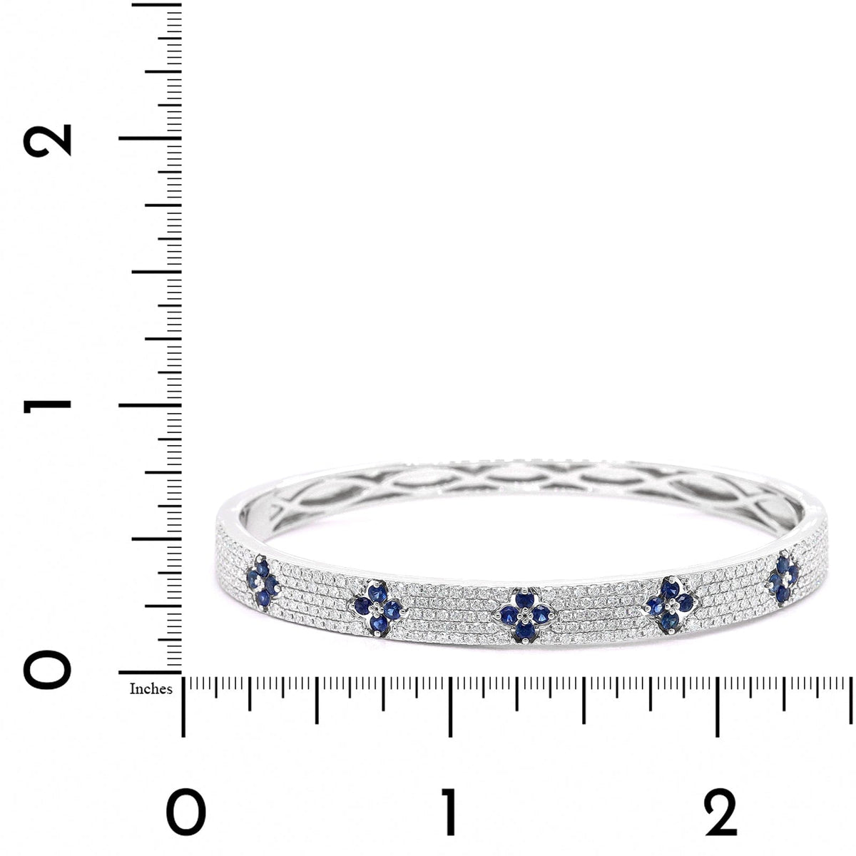 18K White Gold Pave Diamond and Blue Sapphire Clover Station Bangle bracelet